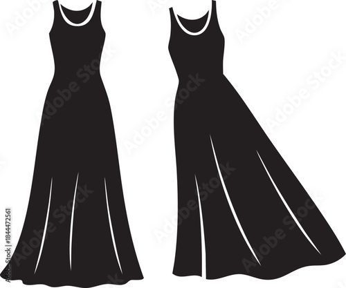 Two black evening dresses with halter necklines and long flowing skirts