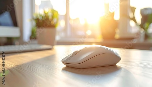 Computer mouse sits on light wood desk with blurred plant and window background bathed in golden sunlight