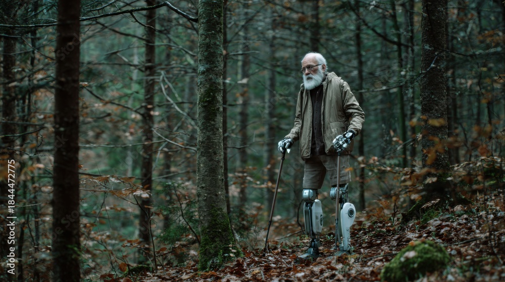 Fototapeta premium Elderly Man with Prosthetic Legs Walking Through Serene Autumn Forest Surrounded by Trees and Fallen Leaves