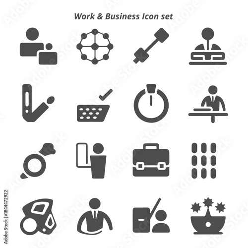 A useful vector set of black and white Work & Business icons, representing professionals, finance, career, and corporate concepts for office design.