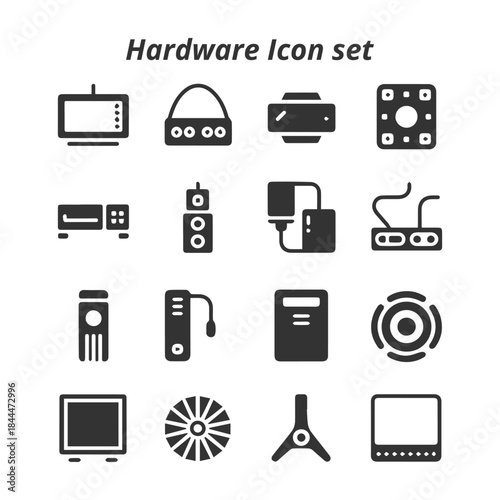 A modern vector set of black and white Hardware icons, representing computers, servers, maintenance, and electronic components for tech design projects.