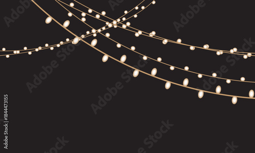 Christmas bulbs twinkle Glowing String Lights Decorative Garland Overlay. Elegant golden string lights with soft glow arranged in flowing lines , for festive designs and overlays.

