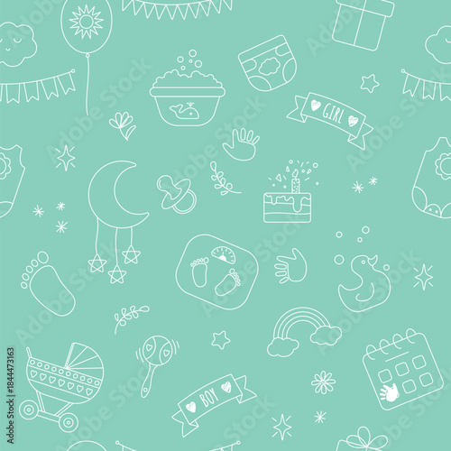 Playful baby metric line doodle pattern featuring icons like pram, pacifier, diaper, cake, and toys on a green background for nursery or baby shower themes vector illustration
