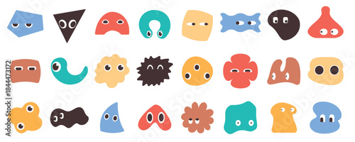 Playful abstract doodle shapes with expressive cartoon faces, perfect for kids designs, featuring various emotions and geometric forms in a modern, cheerful style vector illustration