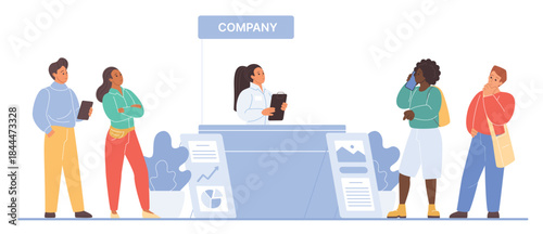 Group of diverse business exhibition visitors interacting at a company booth, networking and gathering information, modern corporate event scene isolated on white background vector illustration