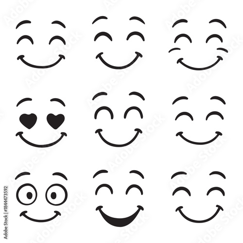 Nine playful smiley face icons with various happy and expressive emotions, perfect for chat, messaging, or decoration, isolated on white background vector illustration