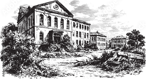 Abandoned building in detailed black and white vector illustration. The set showcases old architecture surrounded by overgrown nature.