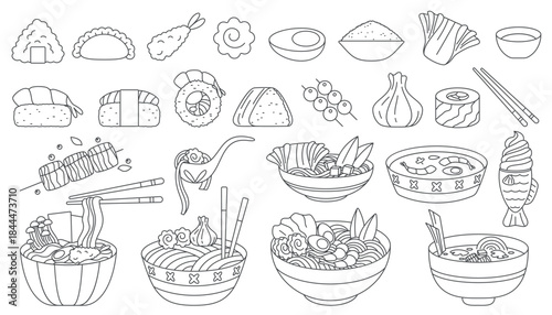 Hand drawn line doodle set of delicious Asian cuisine, featuring ramen, noodles, sushi, and traditional dishes, ideal for restaurant menu design, isolated on white background vector illustration