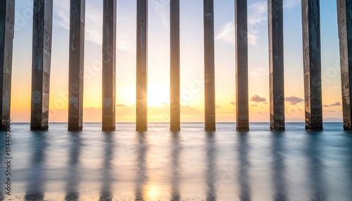 Concrete pillars rise from the water, framing a stunning sunset over the ocean horizon