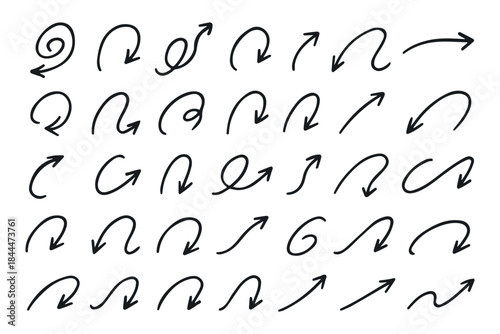 Collection of quirky hand drawn spiral, curved, and wavy arrows in various directions, ideal for creative design, infographic, and web projects, isolated on white background vector illustration
