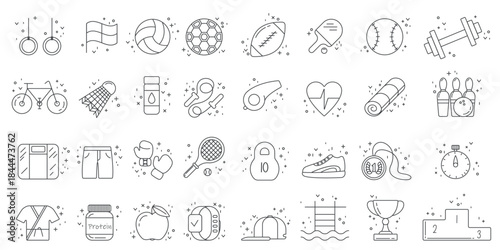 Hand drawn sport elements line doodle set featuring various fitness, gym, and activity icons in a cute cartoon style, isolated on white background vector illustration
