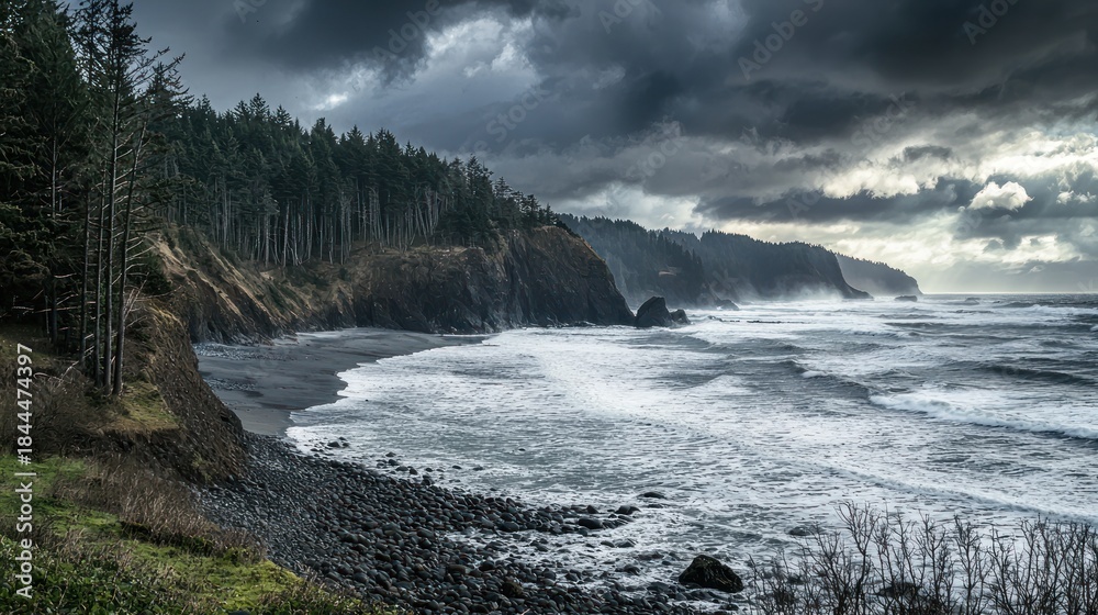 Fototapeta premium A dramatic nature landscape featuring rugged cliffs, dark skies, and rolling waves crashing onto a rocky shore.