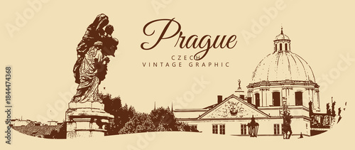 City ancient architecture, Prague, Czech Republic. Vintage brown and beige graphics, engraved, vector. Old retro design.