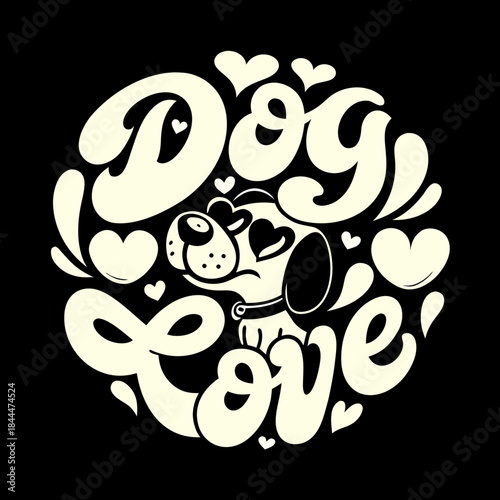 Cartoon dog with heart eyes and dog love text vector