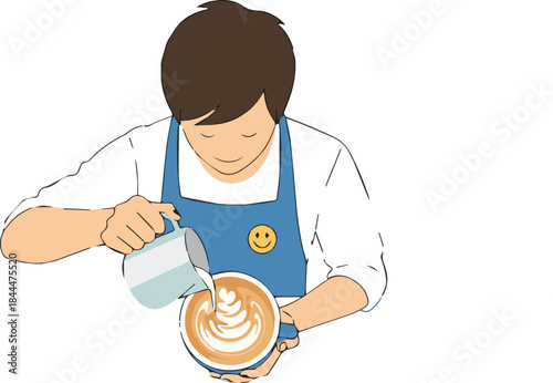 Skilled coffee artisan focusing on the delicate process of crafting beautiful latte art by pouring steamed milk into a freshly brewed beverage