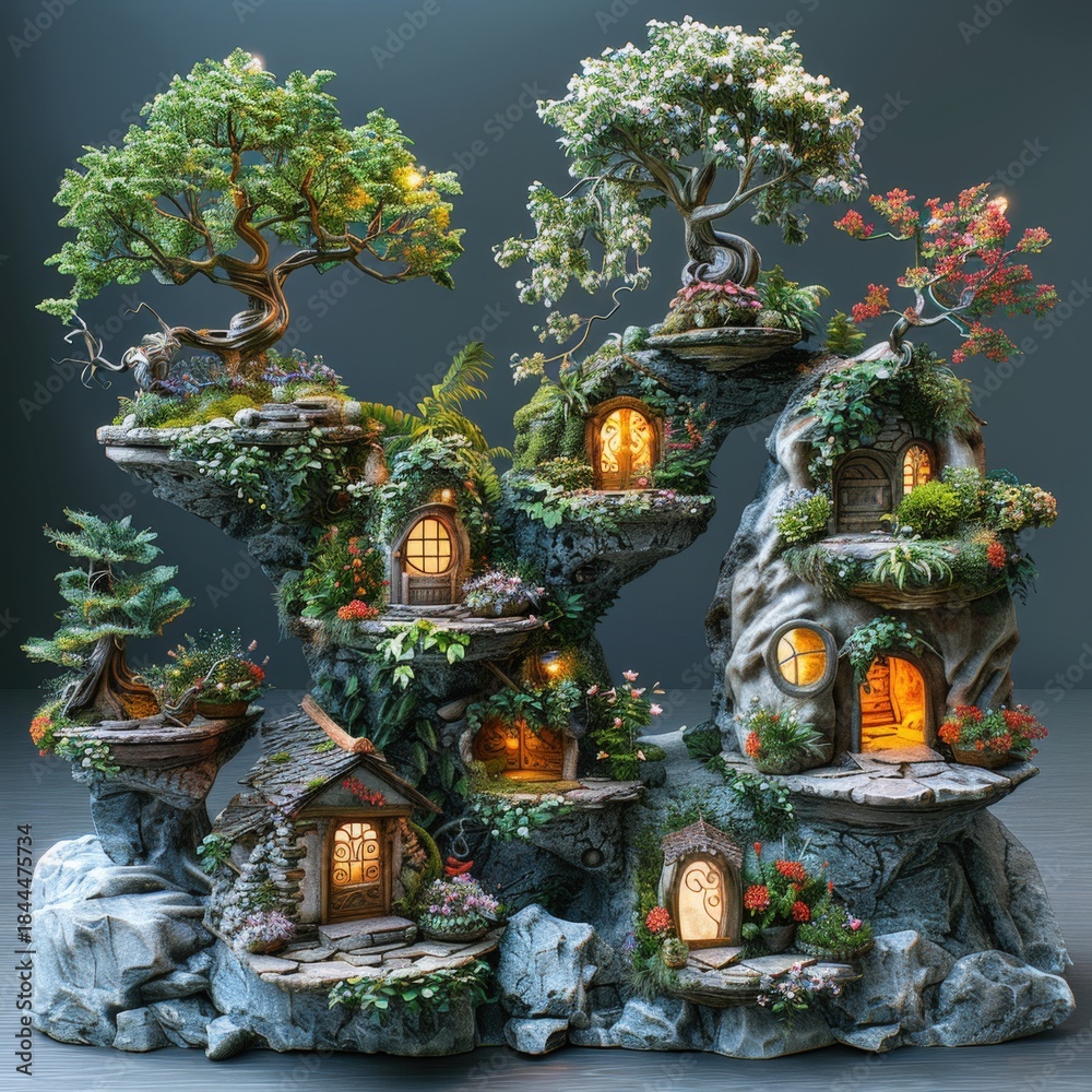 Fototapeta premium A charming miniature garden scene features tiny houses surrounded by lush trees and colorful flowers, illuminated by warm light, creating a magical and idyllic setting.