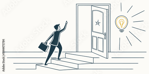 3d illustration of a businessman and business woman in suits walking up stairs toward an open door of light representing a success concept silhouette