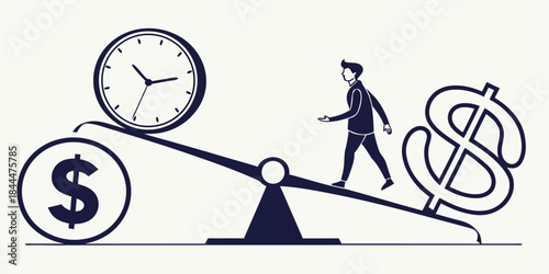 Success-oriented business team and a professional woman balancing a clock vector illustration representing the time is money concept