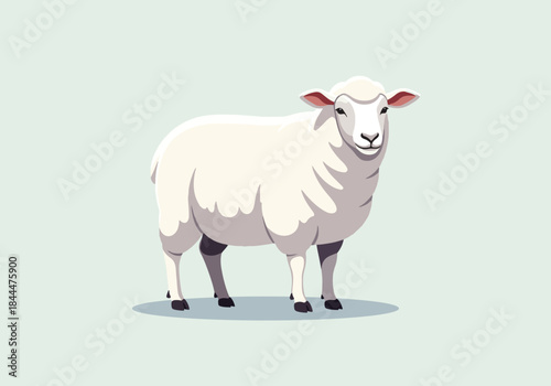 A fluffy white sheep standing on a light blue background.