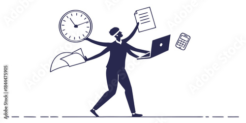 A vector illustration of a successful businessman standing by a large clock symbol to represent a person managing time and money in an office work concept