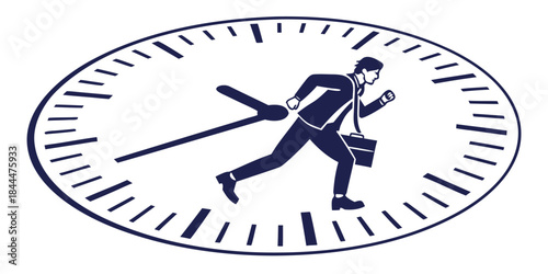 A professional business vector illustration featuring a wall clock dial with hands marking the deadline hour as a symbol that it is time for action and time to go