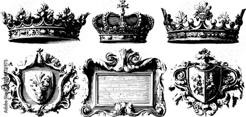Crown and shield engravings in a vintage style. Decorative design elements with a black and white vector illustration set.