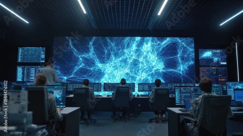 Cyber security operations center with team monitoring digital network data on large screens, 4k high quality footage