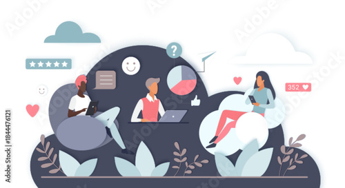 Modern users engaging social media apps sharing likes messages feedback digital cloud environment perfect online communication networking concepts isolated white background vector illustration.