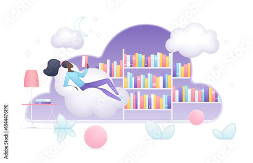 Modern dreamy library with bookshelves shaped like a cloud, woman relaxing and reading, cozy pastel colors, creative concept for imagination and learning vector illustration