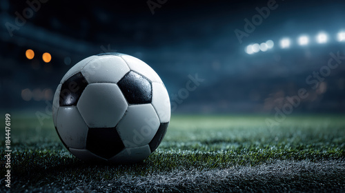 A soccer ball with a classic black and white pattern sits prominently on the lush green grass of a brightly lit stadium field at night, ready for a game.