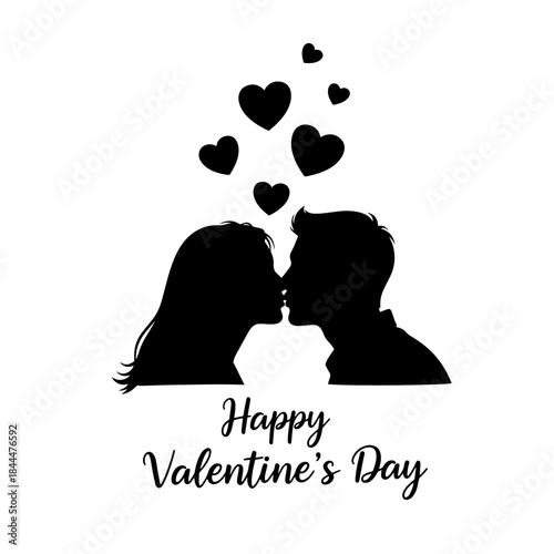 Romantic Couple Kissing Silhouette with Hearts for Happy Valentine's Day on Transparent Background