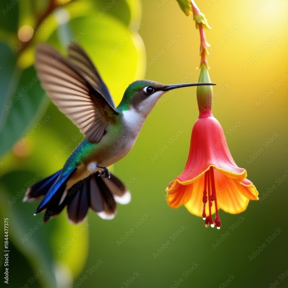 Naklejka premium Hummingbird feeding on red flower
