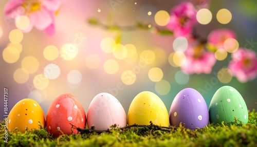 Colorful painted Easter eggs line green moss under pink blossoms, with bokeh lights adding a whimsical backdrop