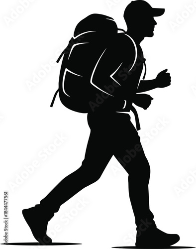 Silhouette of a hiker or backpacker walking with a large backpack.