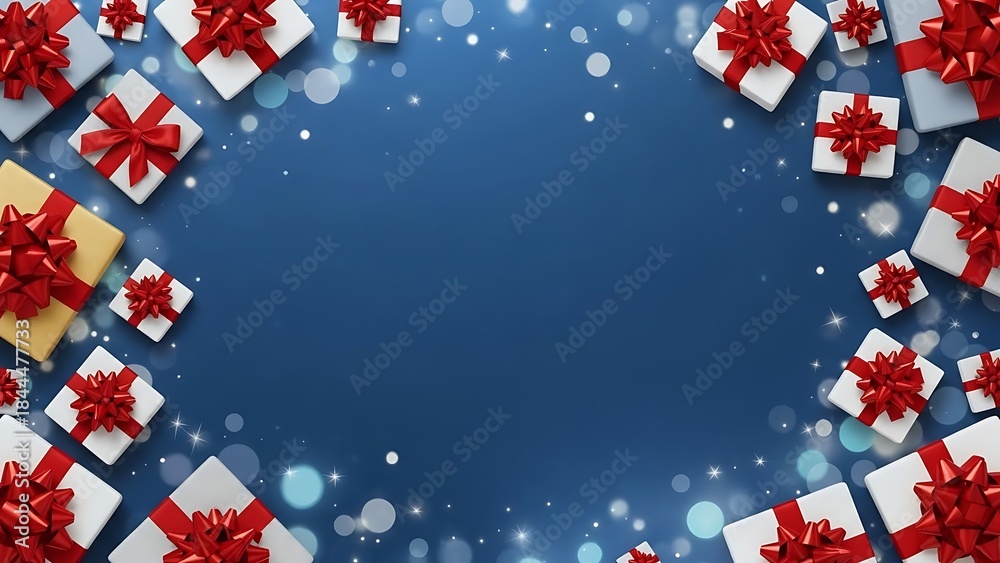 Fototapeta premium Festive gift boxes with red bows on a shimmering blue background
