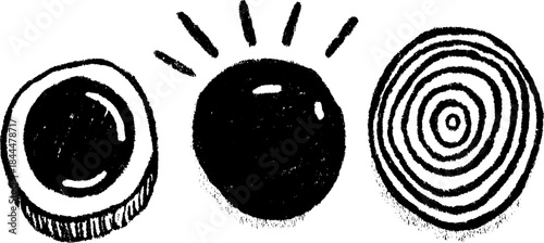 Black circle illustrations in a simple and flat design set. Monochrome vector illustration with varied patterns and round shapes.