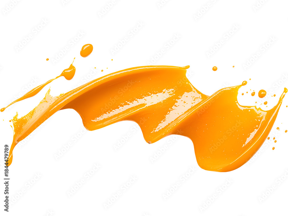 Naklejka premium Bright mango puree splash captured in dynamic motion, ideal for juice ads, tropical drink branding, summer promotions, and energetic food compositions.