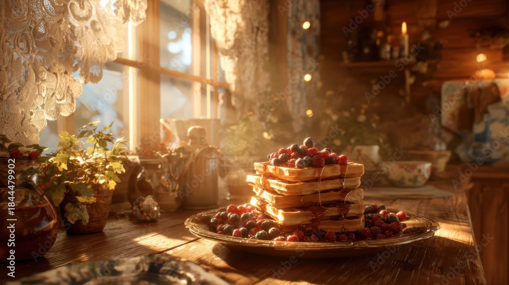Fototapeta premium Warm and Cozy Breakfast Scene with Stack of Waffles Topped with Berries and Syrup in Rustic Kitchen Environment