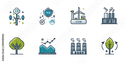 A comprehensive set of icons illustrating environmental protection, clean energy, and industrial impact