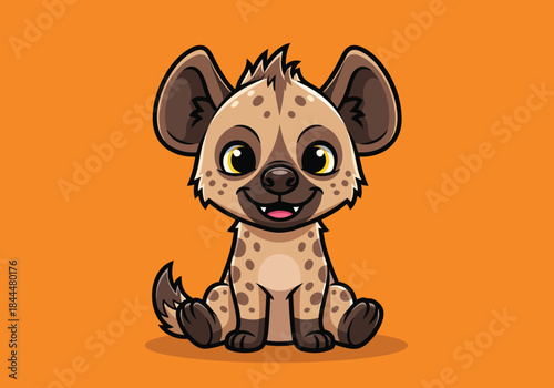Cute cartoon hyena cub sitting and smiling.