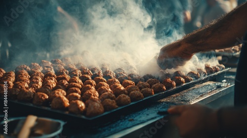 Fototapeta Naklejka Na Ścianę i Meble -  Grilling Delicious Meatballs Over High Heat with Smoke Rising in a Busy Outdoor Kitchen Setting