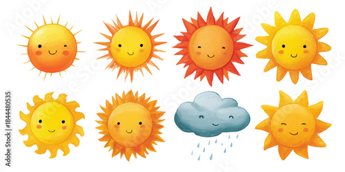 Collection of cute cartoon suns with different expressions and a fluffy cloud