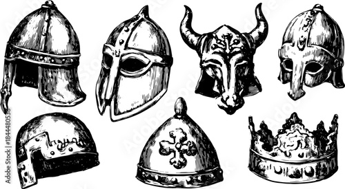 Vintage helmets and armor set illustration. Hand-drawn details in black and white, showcasing unique headgear designs including crowns and horned styles in vector format.