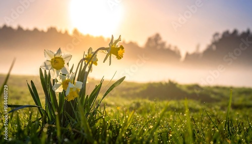 Daffodils glow in the early morning light with mist, dew-kissed grass, and a silhouetted tree-line in the background