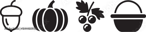 Simple black vector icons featuring various autumn harvest elements including an acorn pumpkin berries and a basket
