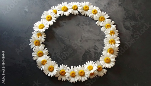 Daisy flower wreath on dark, mottled surface, creating empty circle shape