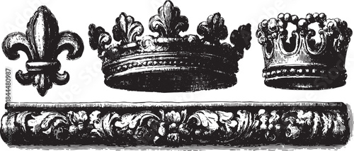 Decorative crowns and fleur-de-lis in a vintage style. Elaborate vector illustration showcasing classic design in a detailed set.