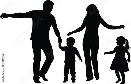 Happy family silhouette with parents and two children holding hands, isolated on white background Vector.