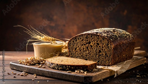 Dark bread loaf with a slice on a wood board, presented with wheat stalks and a bowl, against a dark backdrop