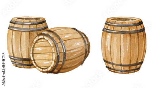 Watercolor wooden rum barrel isolated on white background